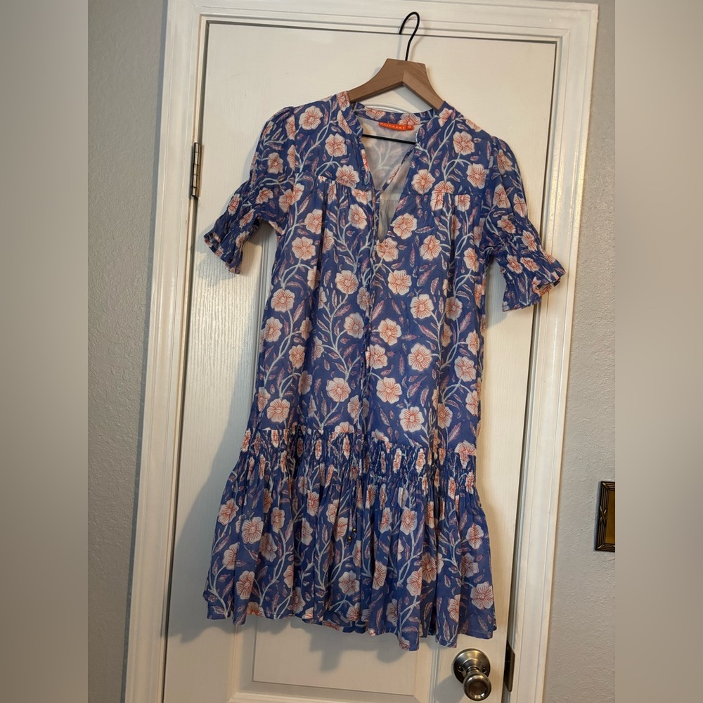 Oliphant smocked drop waist blue poppy print lightweight mini dress